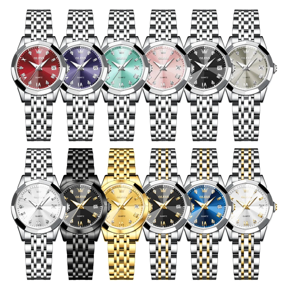 OLEVS 9931 Original Quartz Watches For Woman Rhombus Mirror Waterproof Luminous Stainless Steel Wrist Watches Calendar New