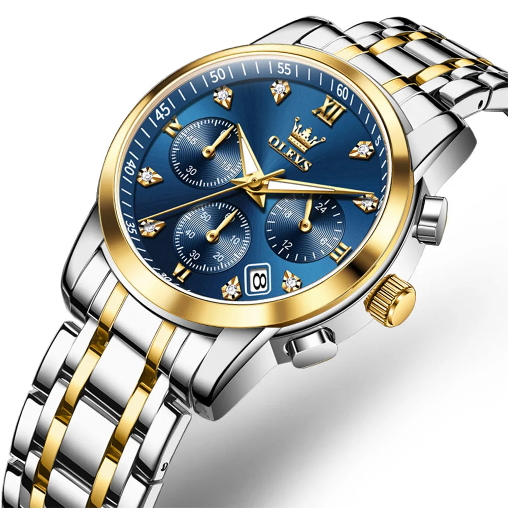 OLEVS 2858 Damenuhr Luxus Wasserdichte Datumsquarzuhr für Damen Diamantskala Chronograph Business Handuhr Stahlarmband