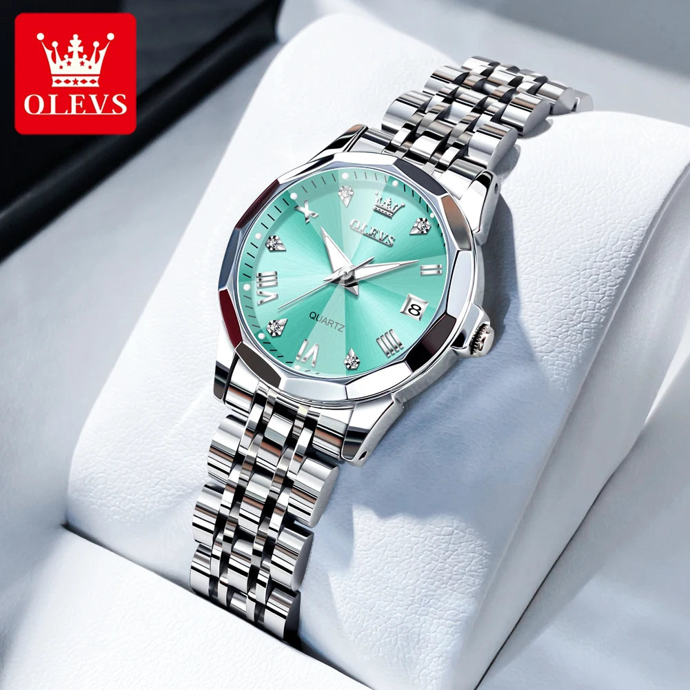 OLEVS 9931 Original Quartz Watches For Woman Rhombus Mirror Waterproof Luminous Stainless Steel Wrist Watches Calendar New
