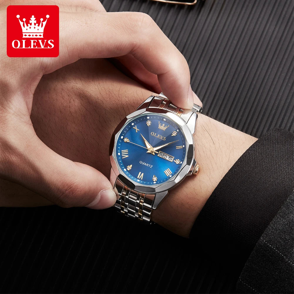 OLEVS 9931 Quartz Watch For Men Rhombus Mirror Waterproof Luminous Stainless Steel Wrist Watches Dual Calendar Man Hand Clock
