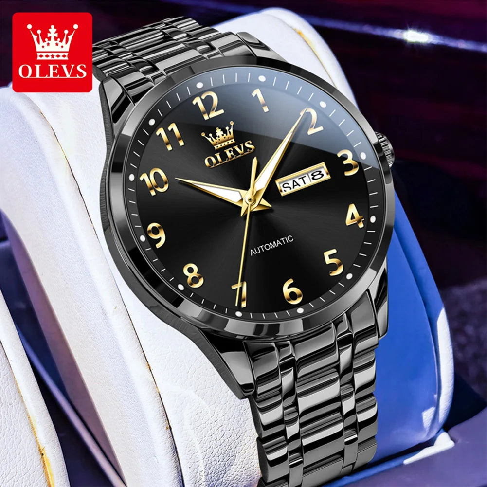 OLEVS 7078 Man Automatic Watch Top Brand Dual Calendar Mechanical Watch For Men Number Scale Business Hand Clock Steel Strap