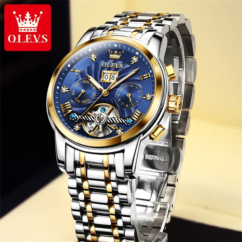OLEVS 9910 Watch for Men Automatic Mechanical Men's Wristwatches Luxury Skeleton Stainless Steel Waterproof Original Man Watch