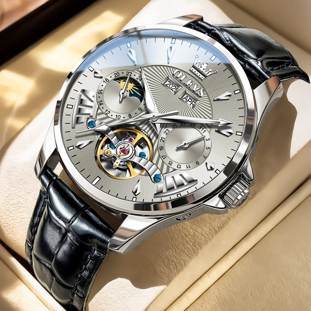 OLEVS 7103 Men's Watch Flywheel Automatic Mechanical Wristwatch Waterproof Perpetual Calendar Moon Phase Watches For Men Classic