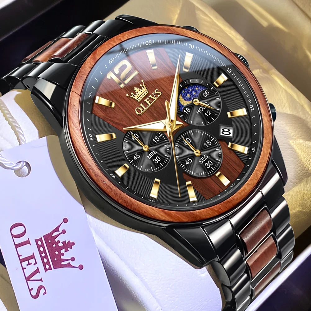 OLEVS 3645 Quarzuhr für Herren, modischer Chronograph, Stahl-Holz, 44 mm, großes Zifferblatt, Zeigeruhr, Mondphase, wasserdicht, leuchtende Herrenuhr