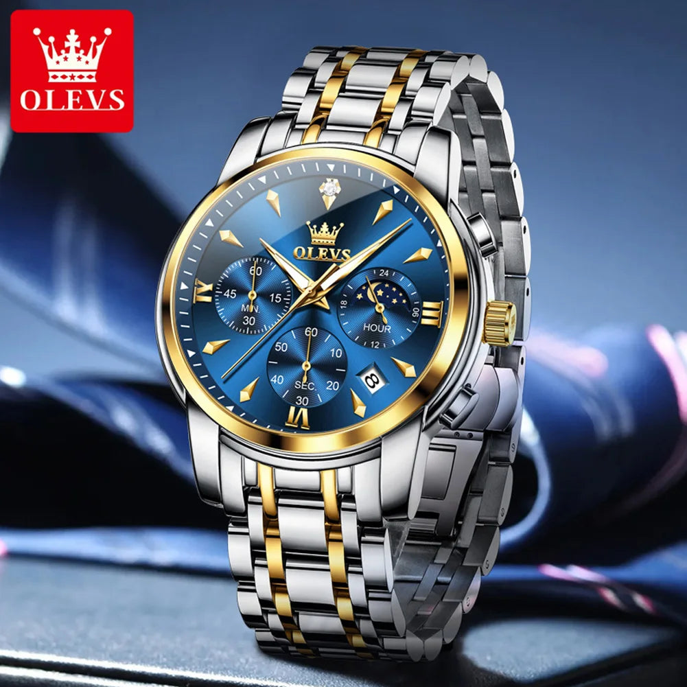 OLEVS 3639 Luxus Herrenuhr Top Marke Mondphase Chronograph Quarzuhr für Herren Automatisches Datum Mode Wasserdicht Herrenuhr