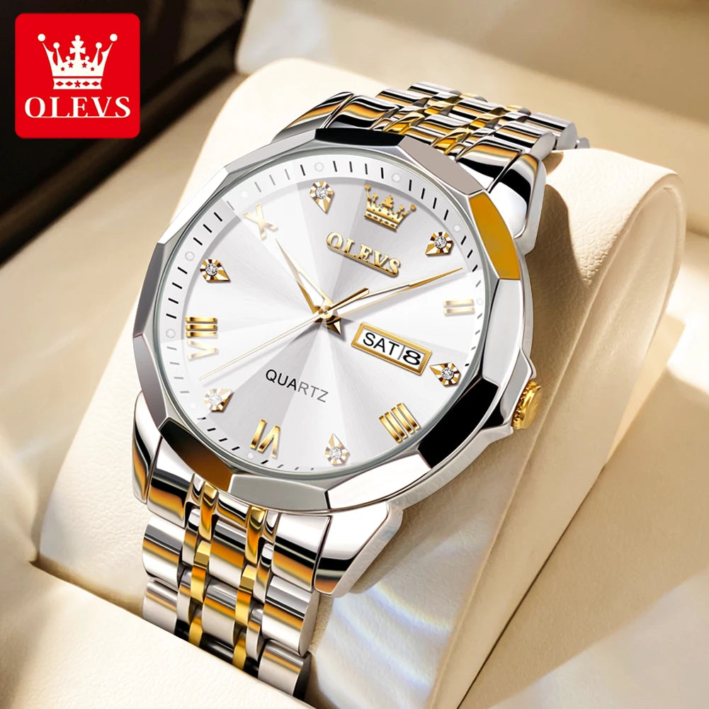 OLEVS 9931 Quartz Watch For Men Rhombus Mirror Waterproof Luminous Stainless Steel Wrist Watches Dual Calendar Man Hand Clock