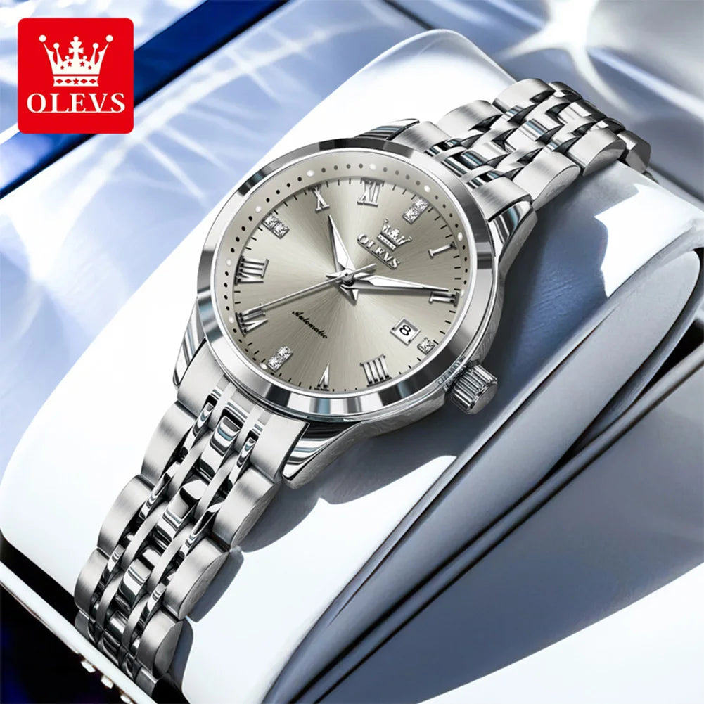 OLEVS 7062 Woman Watch  Luxury Luminous Waterproof Steel Strap Auto Date Mechanical Watches For Women Roman Scale Ladies Hand