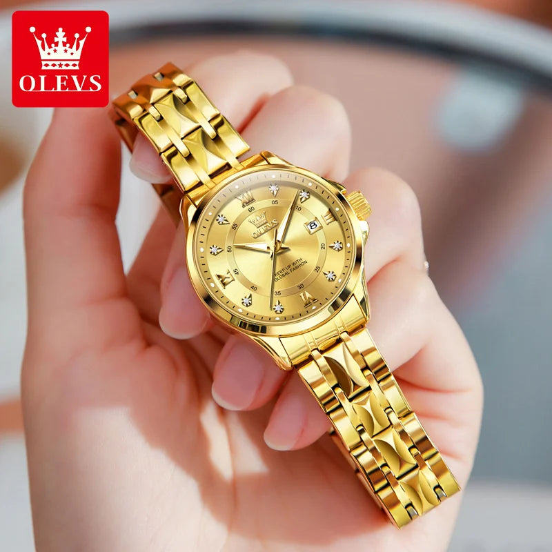 OLEVS 2906 Paar-Armbanduhr Original Römisches Zifferblatt Diamantenbesatz Luxus Quarz Uhr Für Herren Damen Rhombus Armband Wasserdicht Zeigeruhr