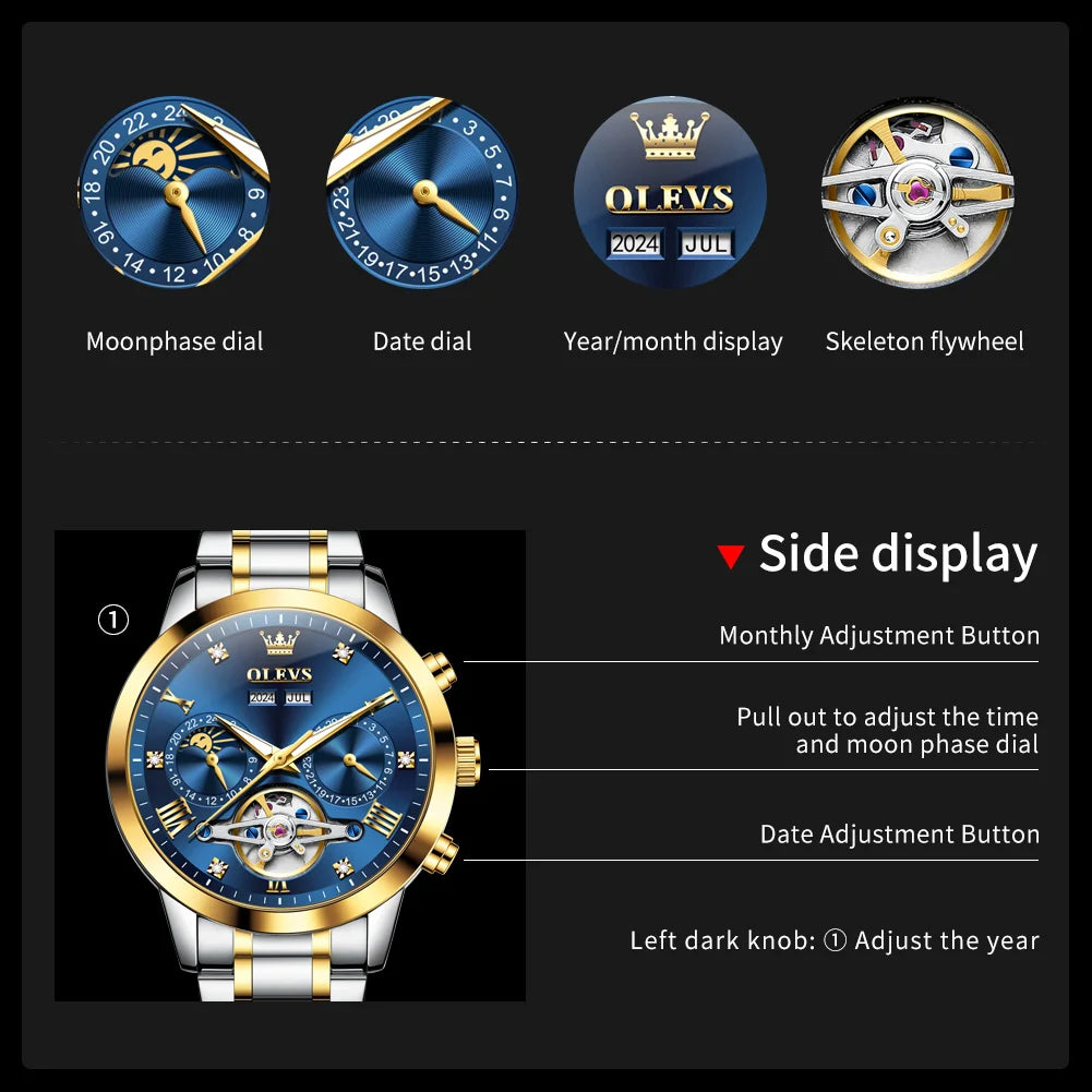 OLEVS 7029 Watches For Man Original Top Brand Fashion Automatic Mechanical Watches Waterproof Luminous Moon Phase Men Watches