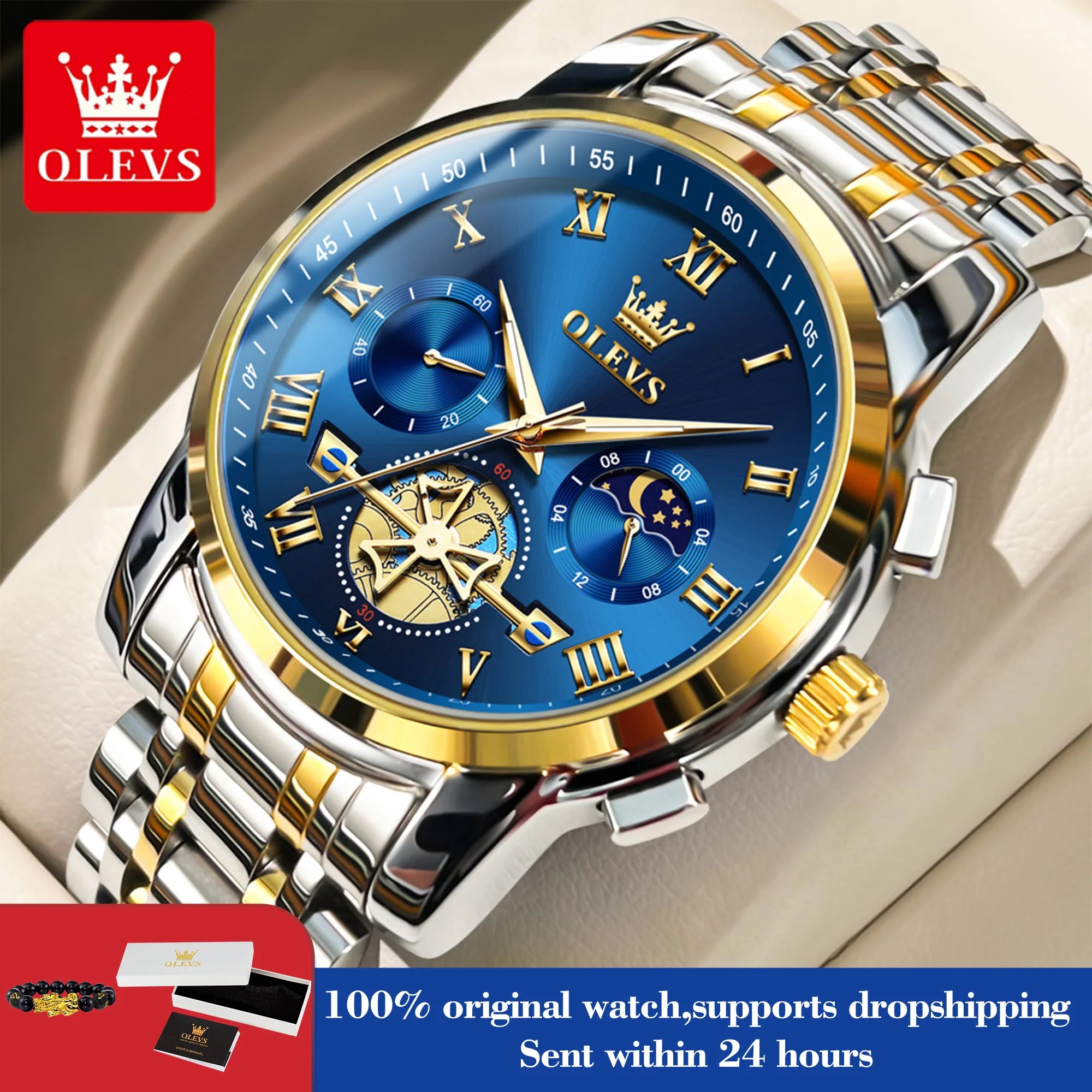 OLEVS 2859 Herrenuhr Mondphase Quarzuhr für Herren Wasserdicht Leuchtend Edelstahl Luxusmarke Original Armbanduhr Herren