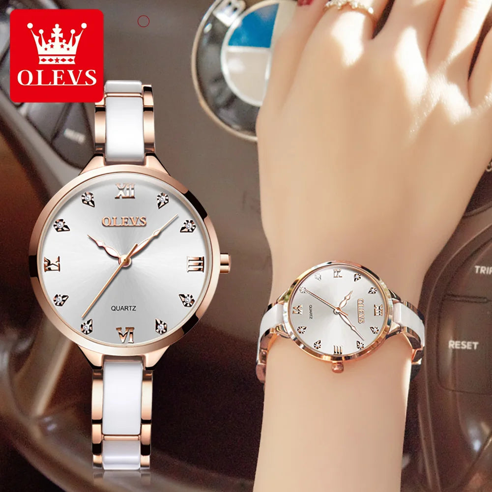 OLEVS 5872 Woman's Watch Fashion Elegant Quartz Movement Watch For Women Ceramic Steel Strap Waterproof Ladies Clock Reloj