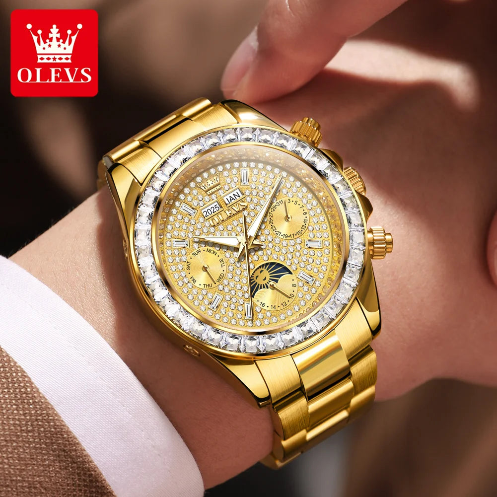 OLEVS 7038 Luxury Diamond Mechanical Watch For Men Moon Phase Auto Date Man Hand Clock 30M Waterproof Stainless Steel Men Watch