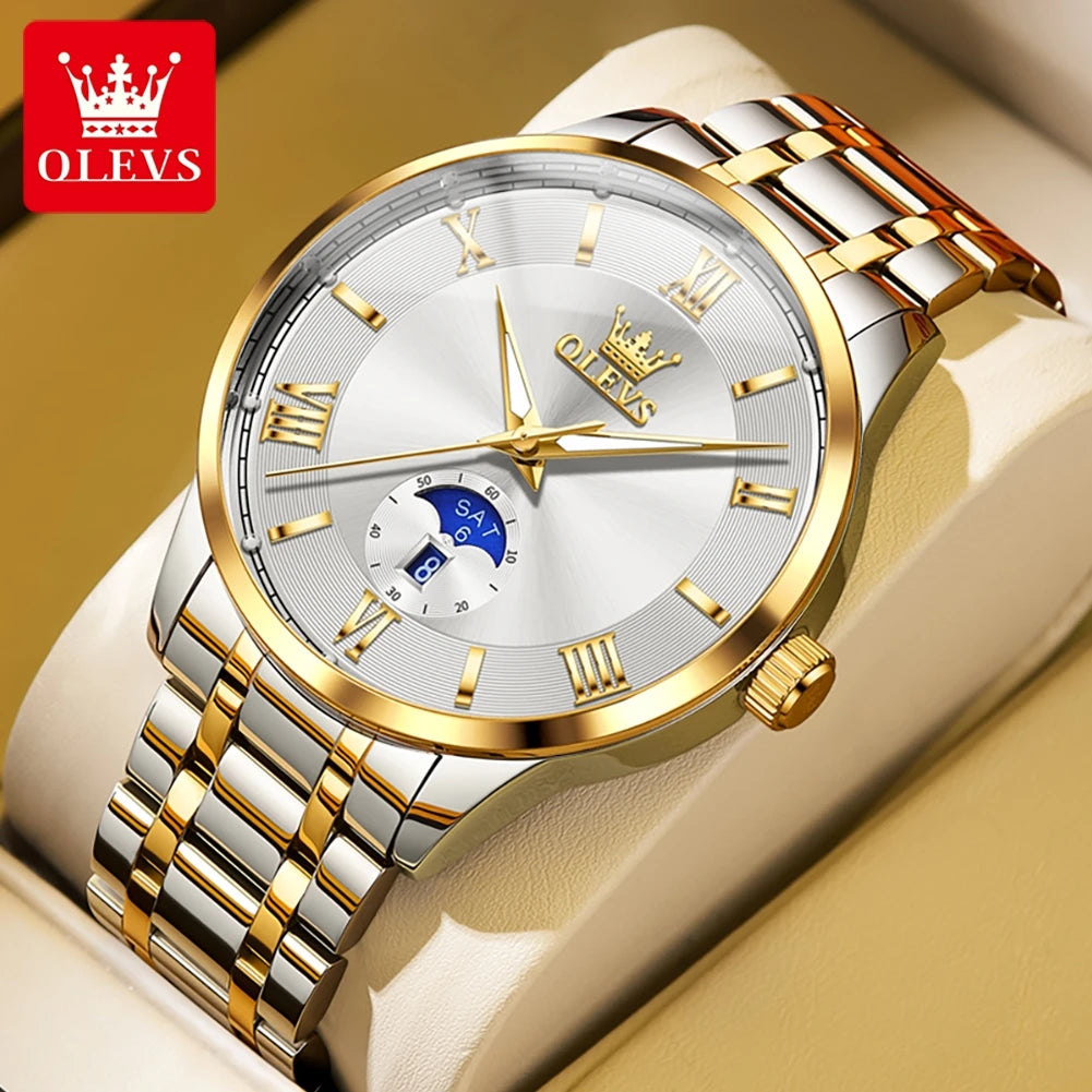 OLEVS 3638 Uhr für Herren, Business, wasserdicht, leuchtend, römische Skala, Mode-Quarz-Armbanduhr, Wochentags- und Datumsanzeige, Original-Herrenuhr
