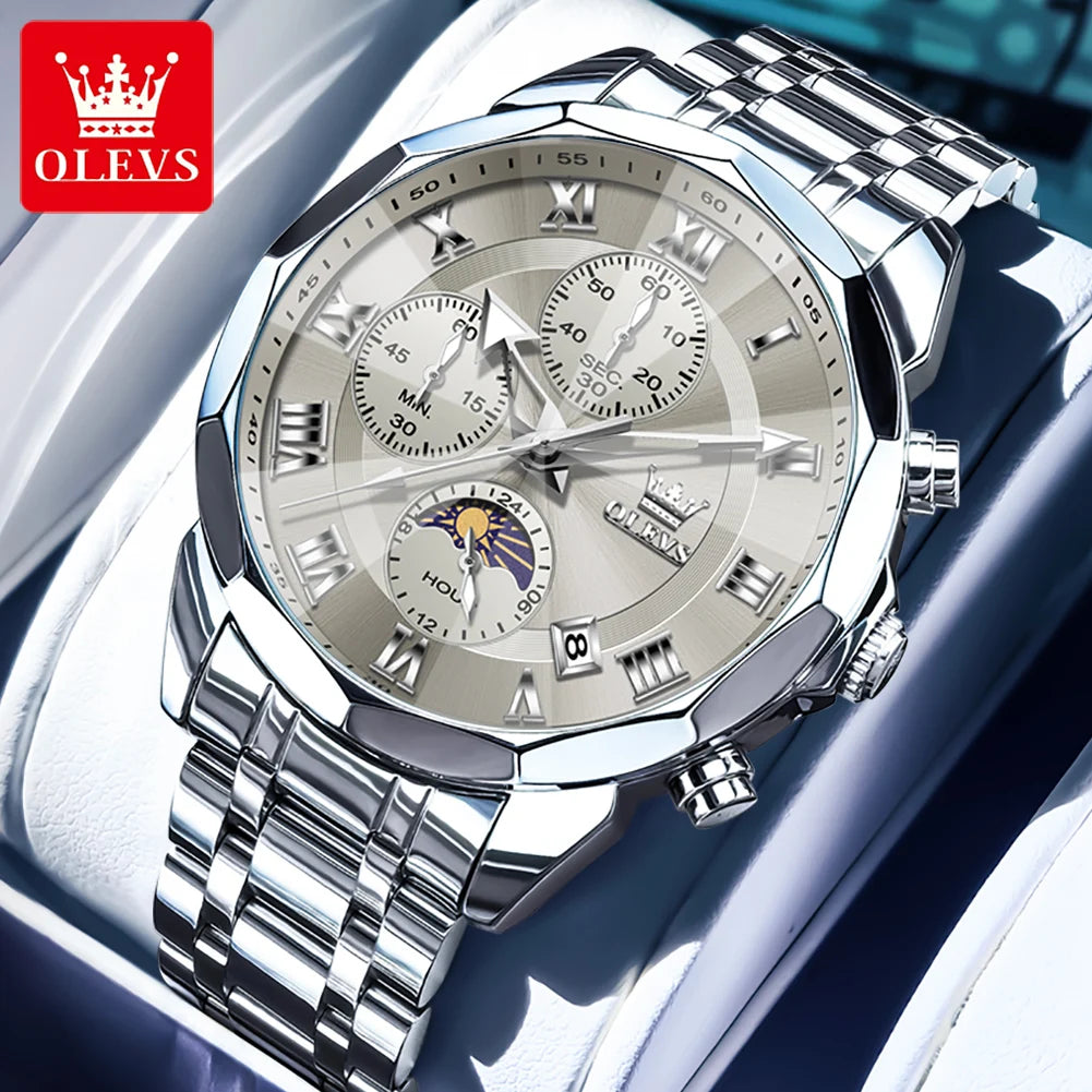 OLEVS 3675 Uhr für Herren, römische Ziffern, luxuriöses Rhombus-Spiegel-Chronograph, Herren-Armbanduhr, Mondphase, Datum, wasserdichte Quarzuhr