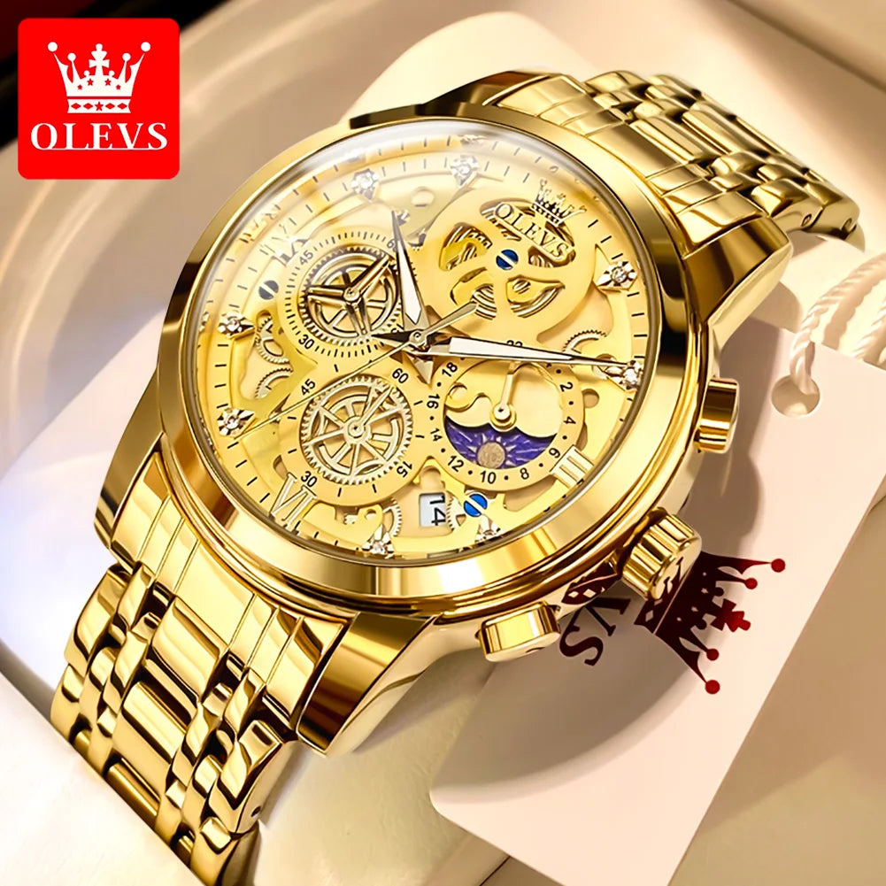 OLEVS 9947 Original Classic Skeleton Quartz Watches For Man Brand Waterproof Stainless Steel Calendar Man Hand Clock Male Watch