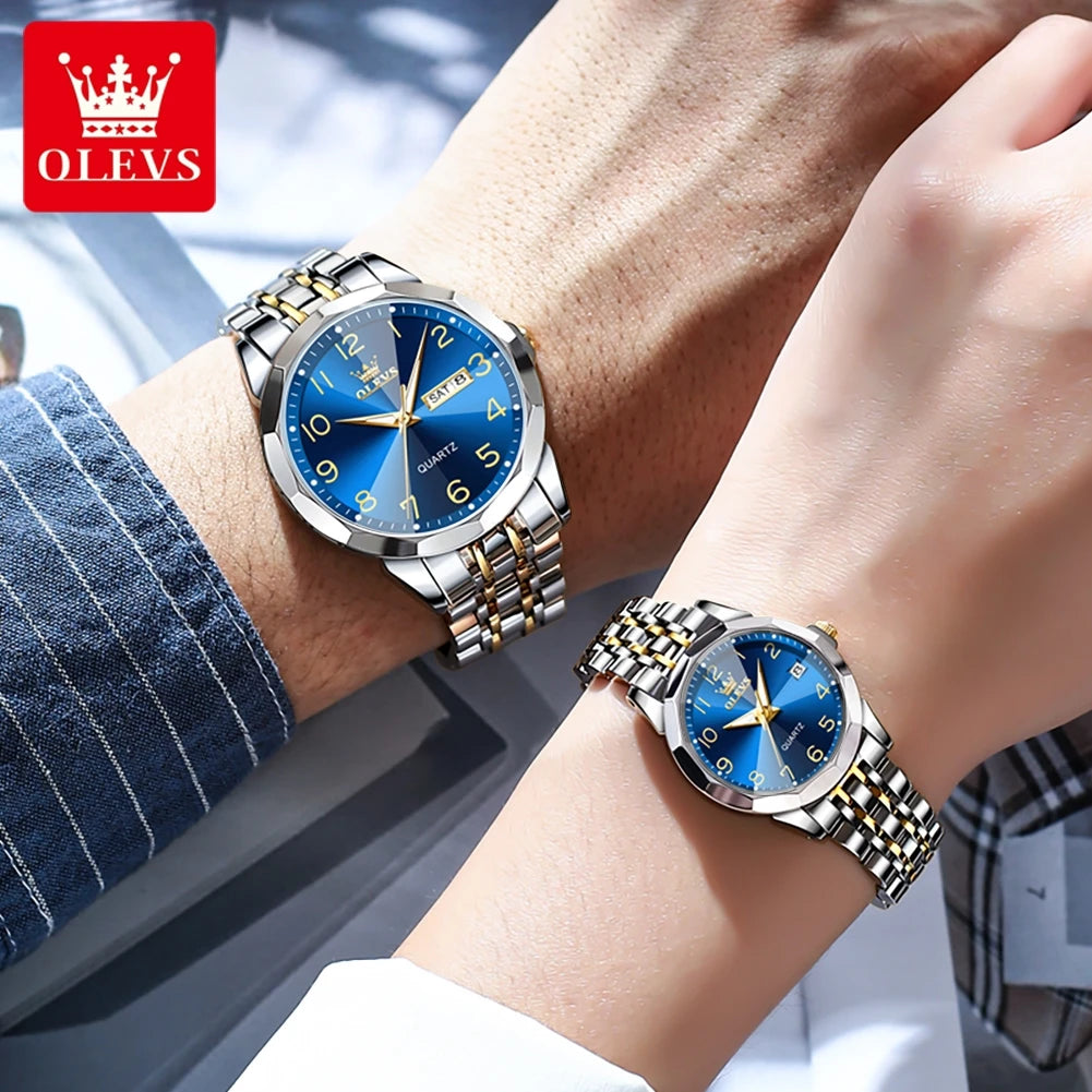 OLEVS 9970 Couple Watch For Men Women Luxury Number Dial Rhombus Mirror Quartz Hand Clock Stainless Steel Original Dress Watches