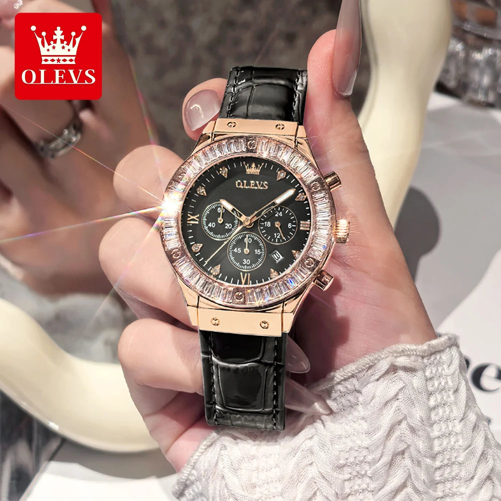 OLEVS 9978 Kadın Saati Çok Fonksiyonlu Kuvars Saat Su Geçirmez Işıklı Deri Kayış Zarif Moda Kadınlara Hediye Saatler