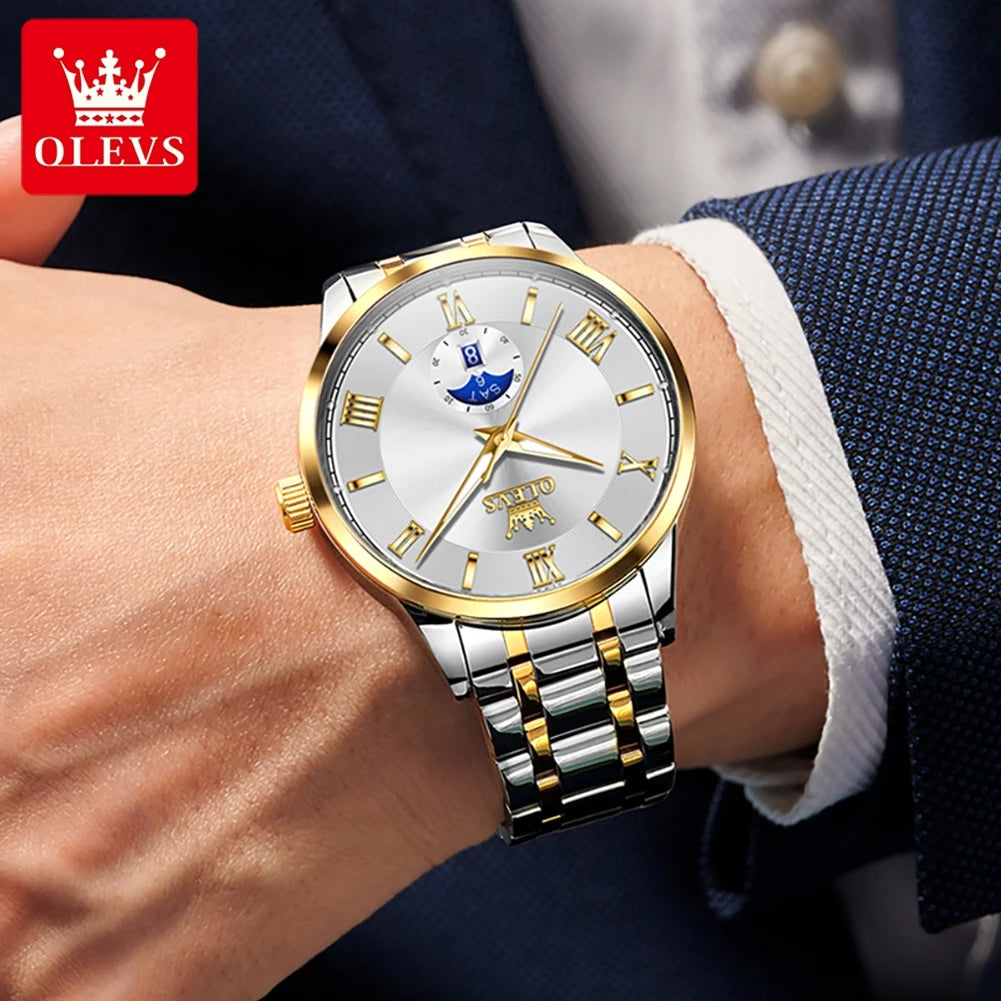OLEVS 3638 Uhr für Herren, Business, wasserdicht, leuchtend, römische Skala, Mode-Quarz-Armbanduhr, Wochentags- und Datumsanzeige, Original-Herrenuhr