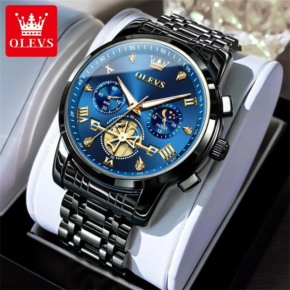 OLEVS 42mm Herrenuhr mit großem Zifferblatt, Mondphase, 24-Stunden-Anzeige, wasserdichte Quarz-Herrenarmbanduhr, Original Luxus Armbanduhr 2856