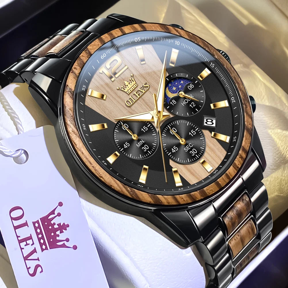 OLEVS 3645 Quarzuhr für Herren, modischer Chronograph, Stahl-Holz, 44 mm, großes Zifferblatt, Zeigeruhr, Mondphase, wasserdicht, leuchtende Herrenuhr