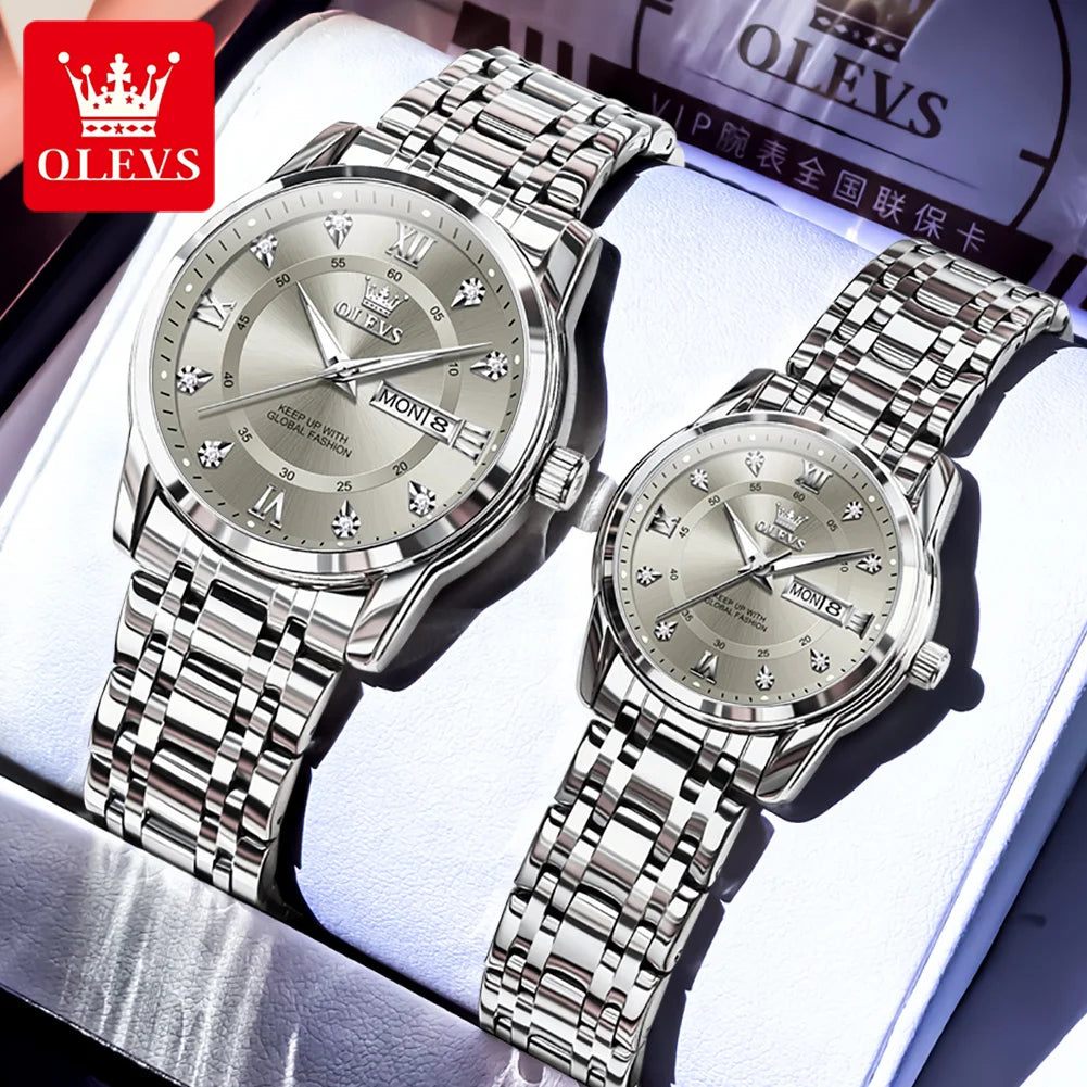 OLEVS 5513 Paar Uhren Luxus Dual-Kalender Quarzuhren für Männer Frauen Original Wasserdicht Leuchtende Diamant-Skala Zeigeruhr