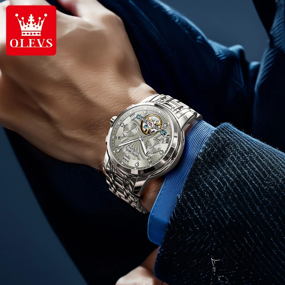 OLEVS 7088 Men's Watch Fashion Calendar Mechanical Watch For Men Original Hollow Steel Strap Business Wristwatch Deep Waterproof