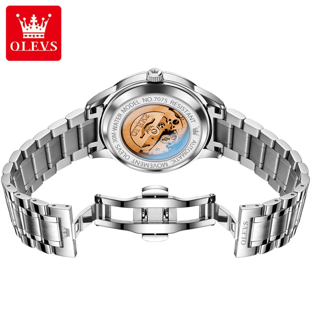OLEVS 7075 Watches For Man Luxury Original Mechanical Watch For Men Week Calendar Waterproof Automatic Hand Clock Steel Strap