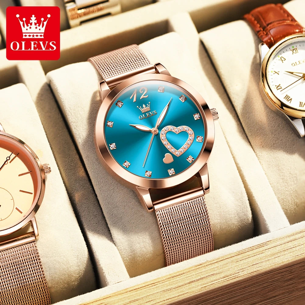 OLEVS 5189 Damenuhr Luxus Ultr dünne Quarzuhr Damen Mesh-Stahlarmband Herzförmiges Zifferblatt Wasserdichte Damenuhr