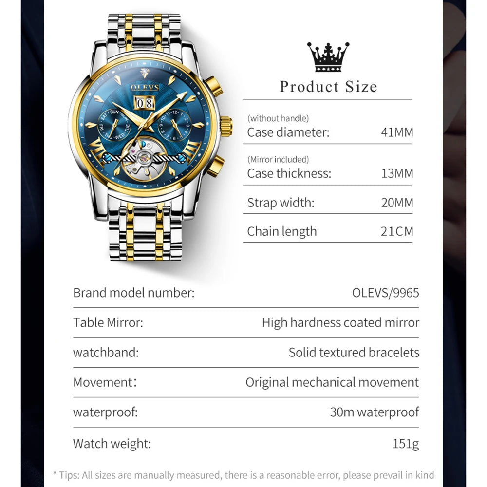 OLEVS 9965 Automatic Watch For Men Skeleton Flywheel Waterproof Men's Watches Week Calendar Luxury Man Mechanical Wristwatch