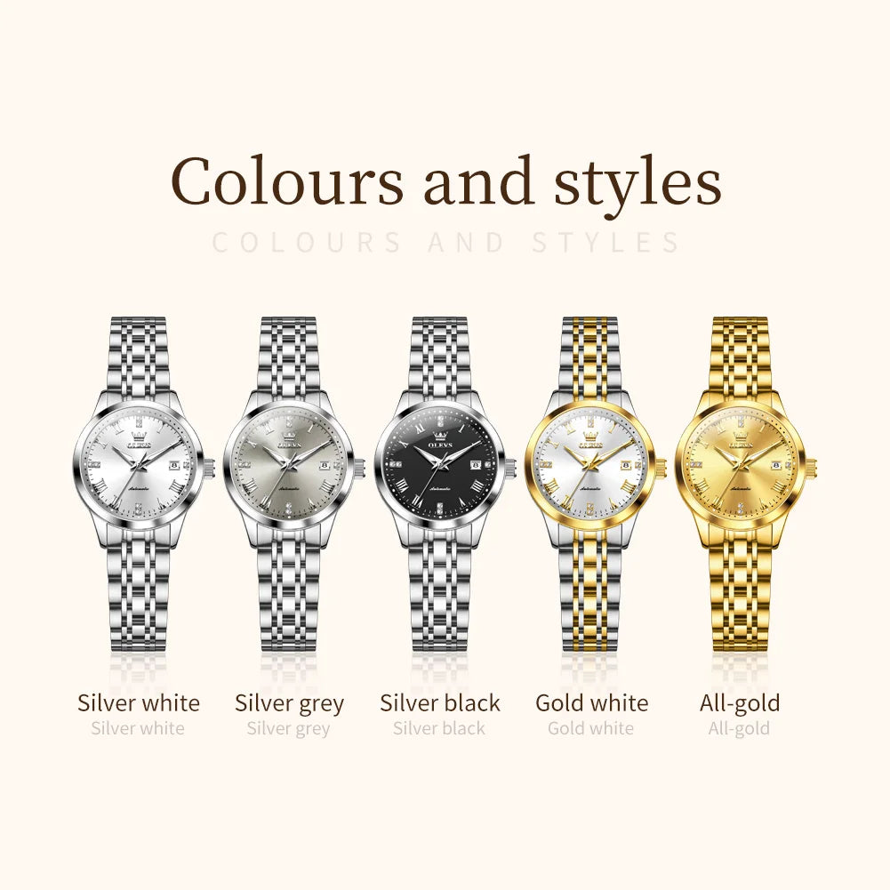 OLEVS 7062 Woman Watch  Luxury Luminous Waterproof Steel Strap Auto Date Mechanical Watches For Women Roman Scale Ladies Hand