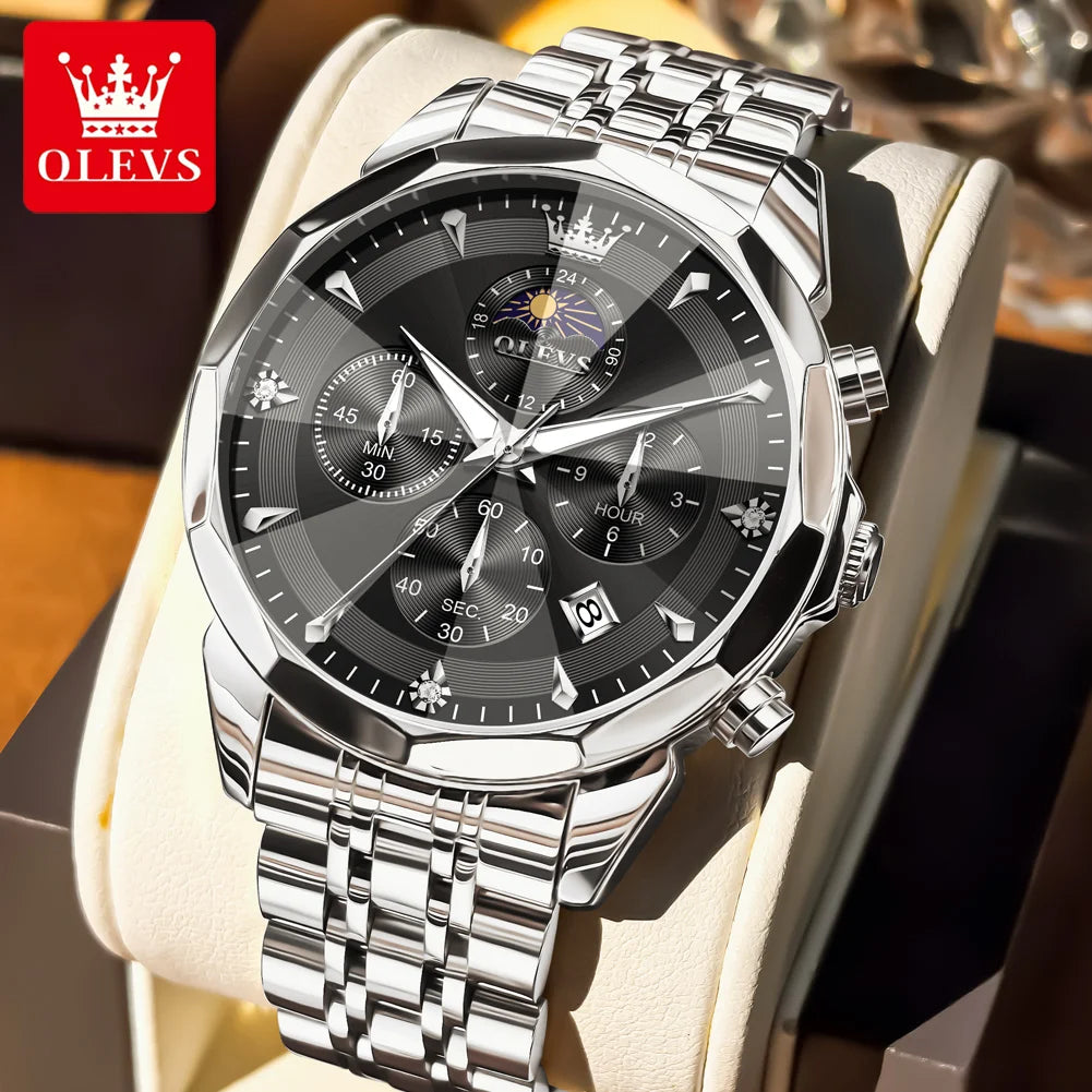 OLEVS 3673 Herrenuhr Mode Chronograph Quarzuhr für Herren 43mm großes Zifferblatt Mondphase Kalender Wasserdicht Original Armbanduhr