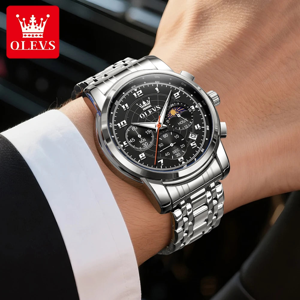 OLEVS Erkek Saatleri İş Orijinal Çok Fonksiyonlu Kuvars Saat Su Geçirmez Işıklı Ay Fazı Erkek Kol Saati Reloj 2983