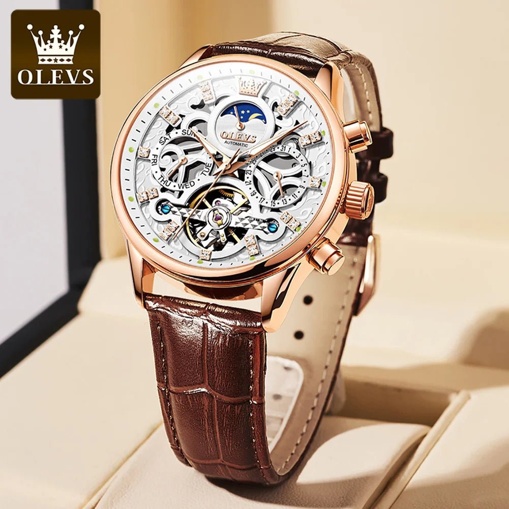 OLEVS 6658 Luxury Skeleton Flywheel Automatic Mechanical Watch Moonswatch Waterproof  Wristwatch For Man Gifts Box Hand Clock