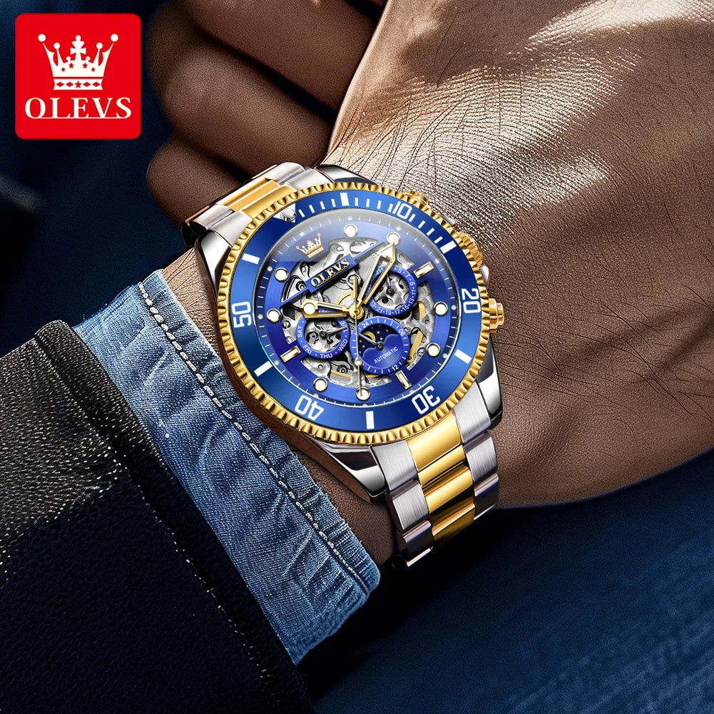 OLEVS 6715 Men Automatic Watches Top Brand Auto Date Hollow Mechanical Watch For Men Luxury Deep Waterproof Luminous Hand Clock
