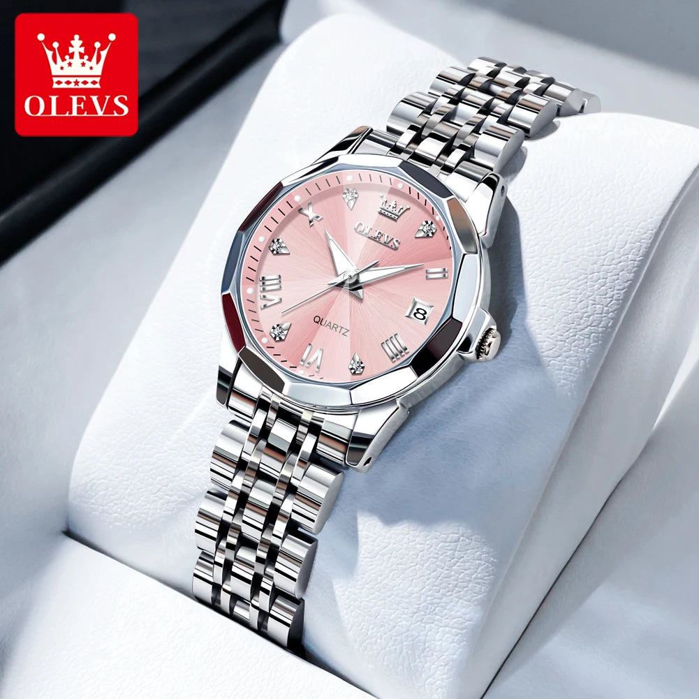OLEVS 9931 Original Quartz Watches For Woman Rhombus Mirror Waterproof Luminous Stainless Steel Wrist Watches Calendar New