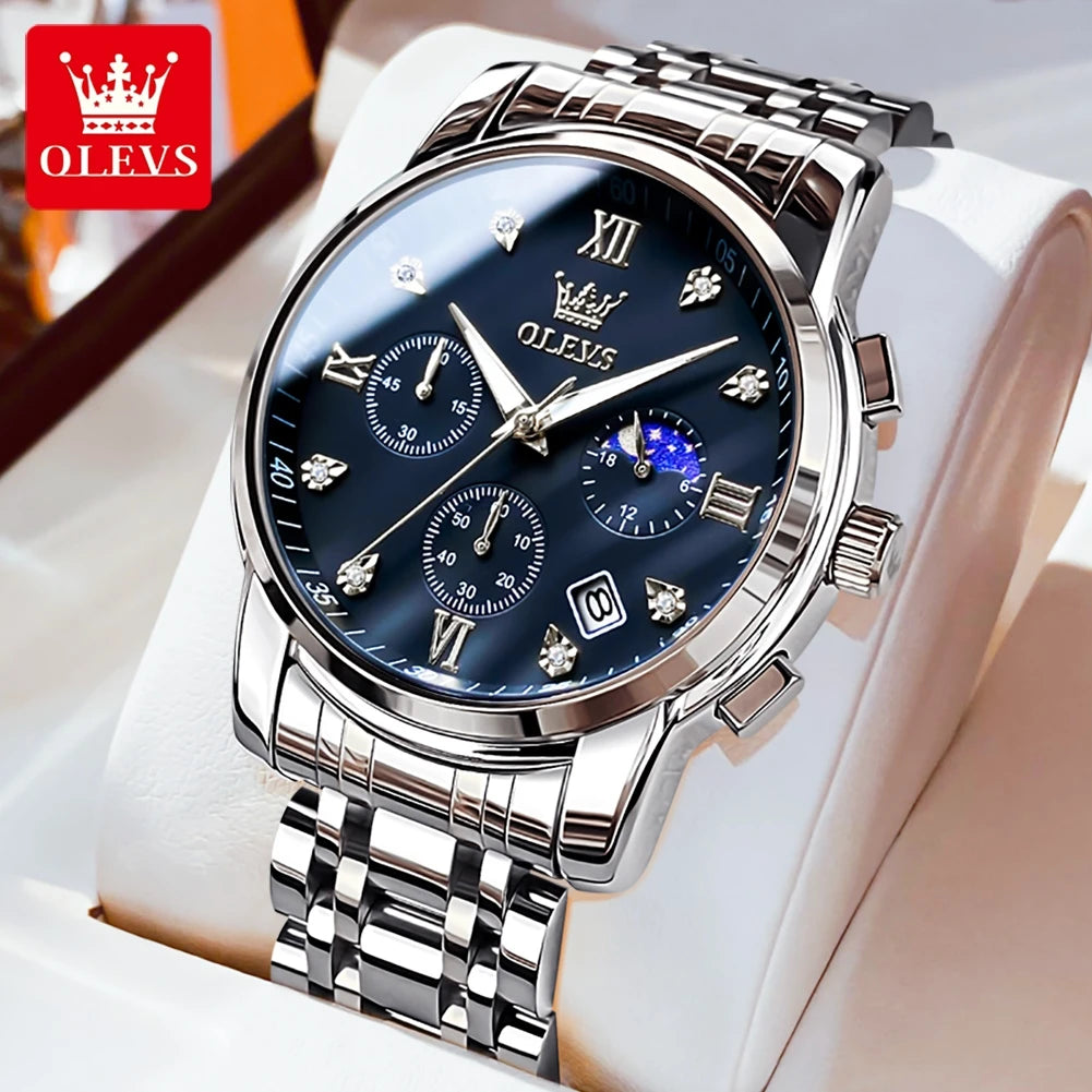 OLEVS 2858 Herrenuhr Diamantzifferblatt Mondphase Quarzuhr für Herren Edelstahl Wasserdicht Top-Marke Luxus Herren-Armbanduhr