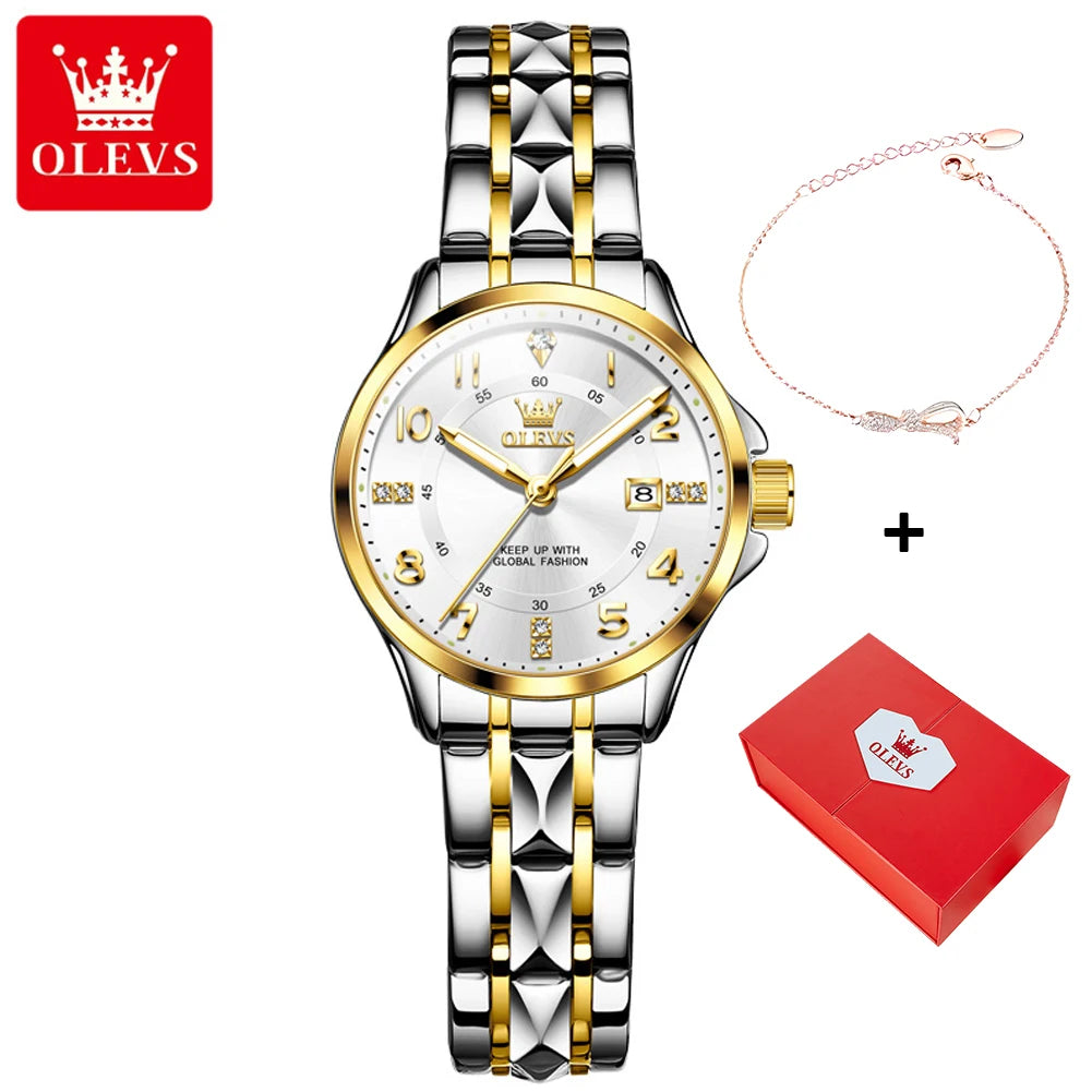 OLEVS 2910 Quarzuhr für Damen Edelstahl Wasserdicht Kalender Luxus Damenuhr Zifferblatt mit Nummernskala Damenuhren
