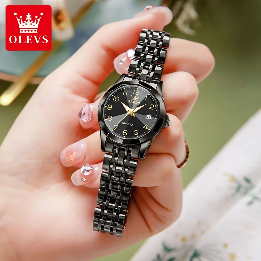 OLEVS 9970 Couple Watch For Men Women Luxury Number Dial Rhombus Mirror Quartz Hand Clock Stainless Steel Original Dress Watches