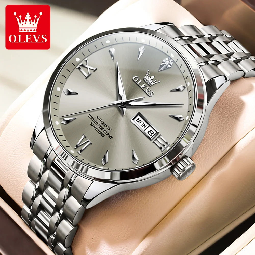 OLEVS 9956 Man Watch Steel Strap Luxury Mechanical Watch For Men Original Fashion Waterproof Automatic Hand Clock Dual Calendar