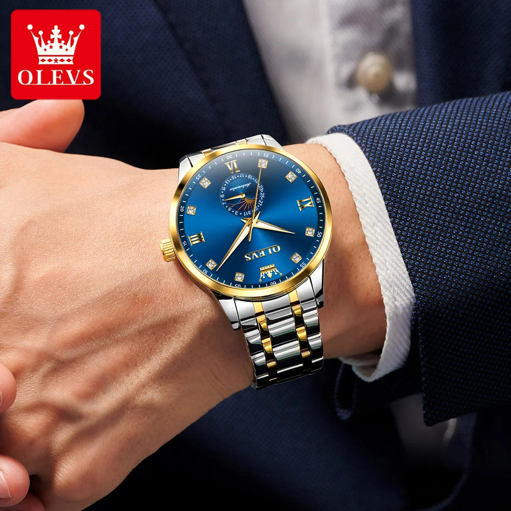 OLEVS 7041 Automatic Watch Man Moon Phase Mechanical Watch For Men Luxury Date Waterproof Business Male Hand Clock Diamond Scale