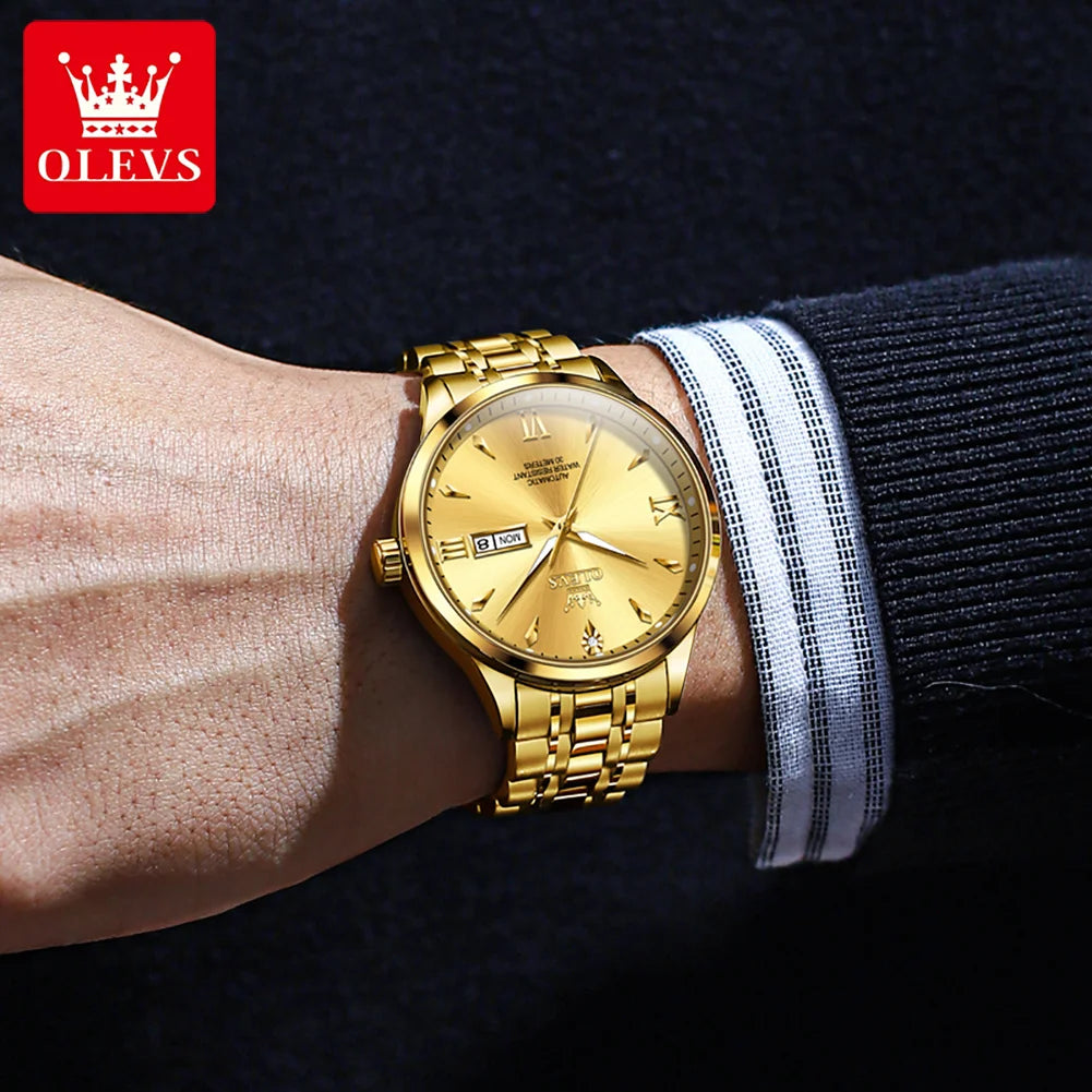 OLEVS 9956 Man Watch Steel Strap Luxury Mechanical Watch For Men Original Fashion Waterproof Automatic Hand Clock Dual Calendar
