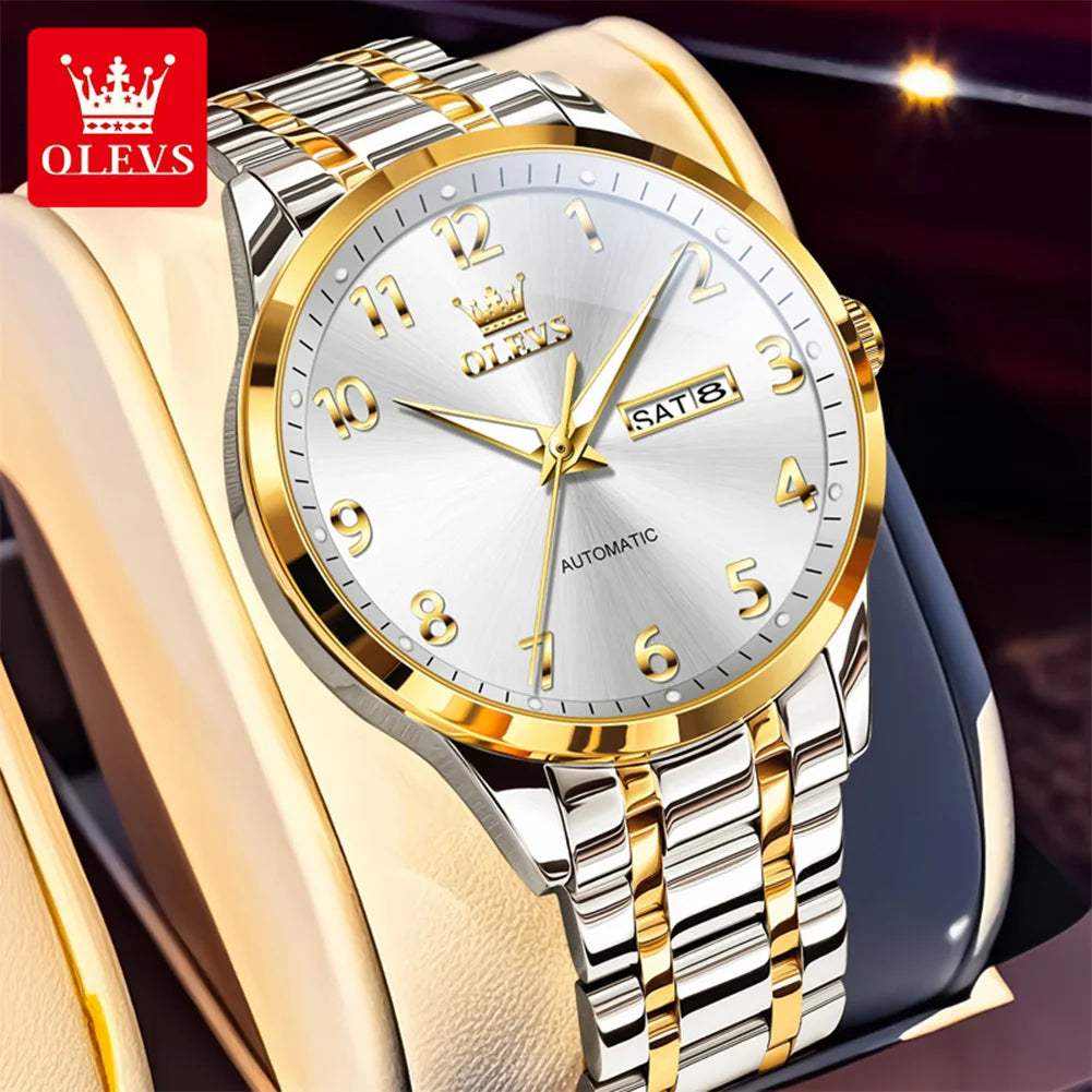 OLEVS 7078 Man Automatic Watch Top Brand Dual Calendar Mechanical Watch For Men Number Scale Business Hand Clock Steel Strap