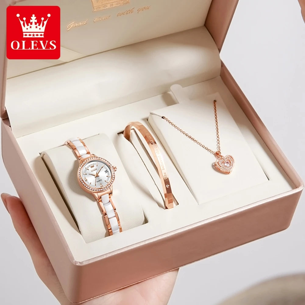OLEVS 7093 Ladies Watch High Quality Elegant Original Quartz Wristwatch Waterproof Luminous Watches For Woman Ceramics Strap