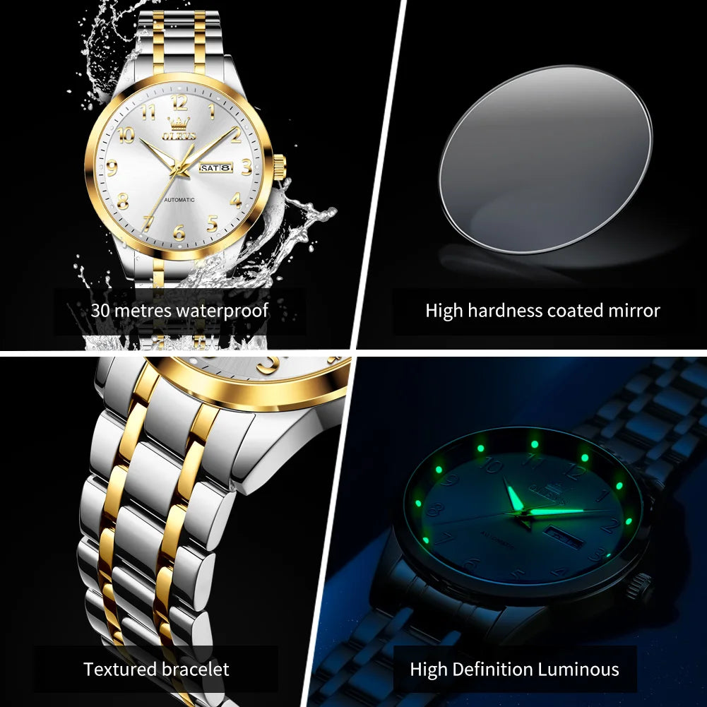 OLEVS 7078 Man Automatic Watch Top Brand Dual Calendar Mechanical Watch For Men Number Scale Business Hand Clock Steel Strap