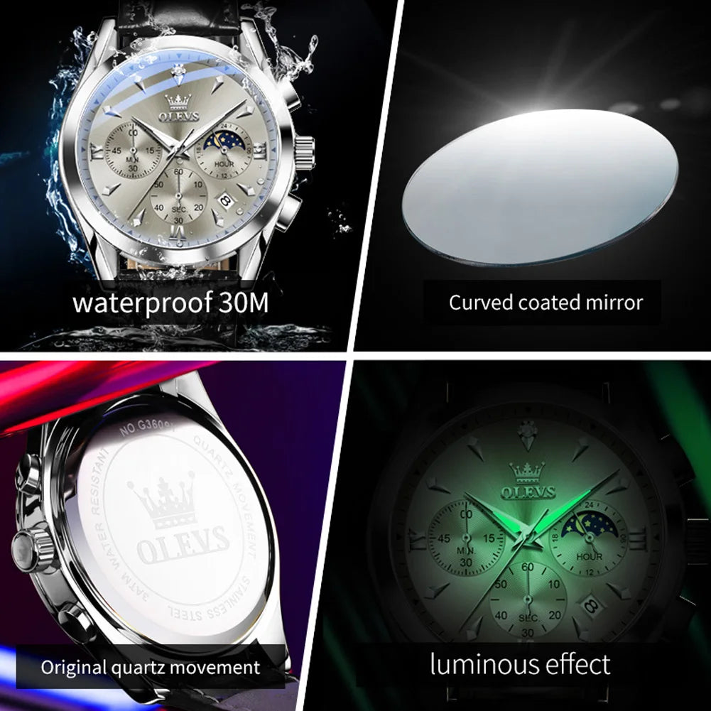 OLEVS 3609 Armbanduhr für Herren, modisch, Kalender, wasserdicht, leuchtend, für Herren, Chronograph, Mondphase, Quarz, Business-Herrenuhren