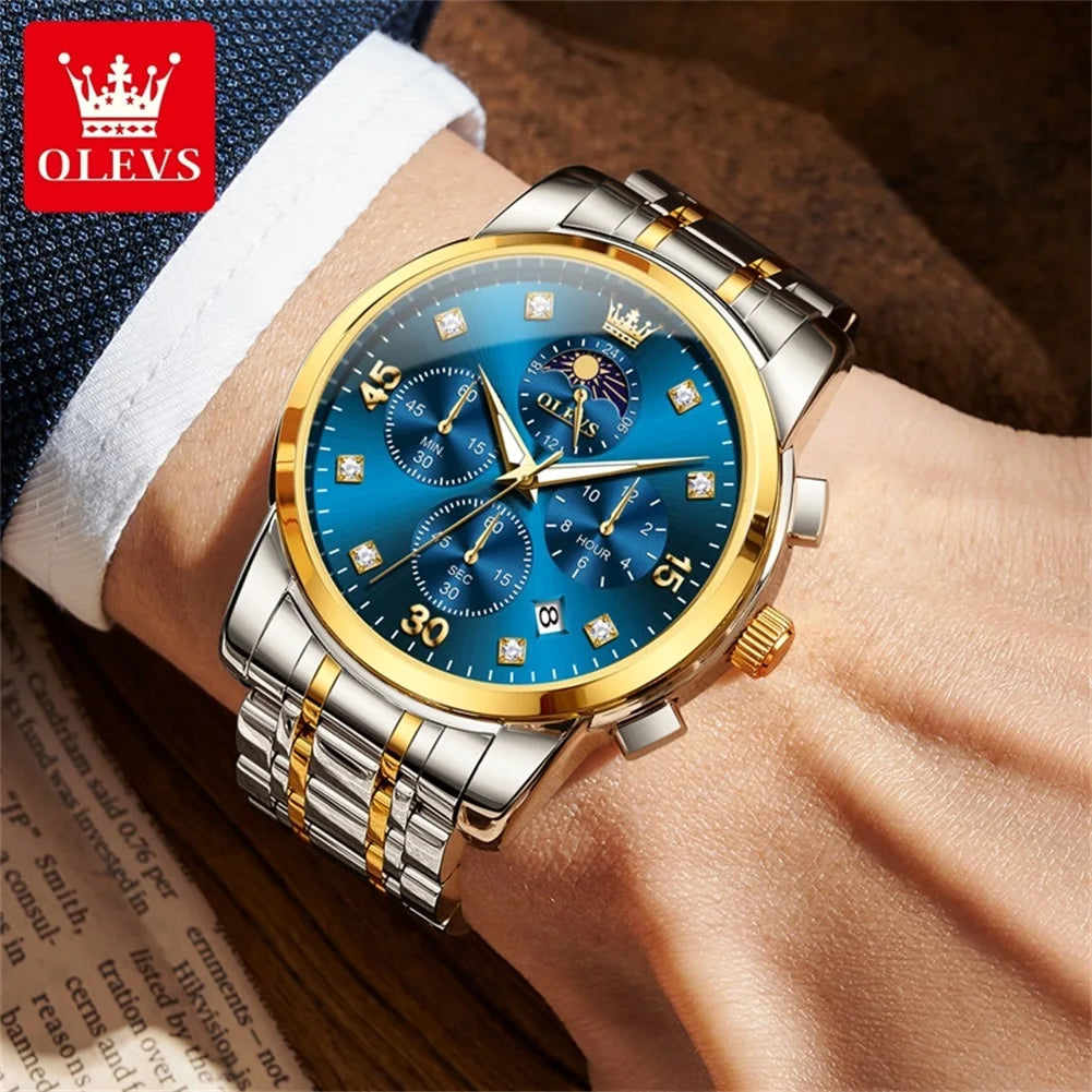 OLEVS 3652 Herrenuhr Ziffernskala Quarzuhr für Herren Chronograph Mondphase Datum Luxus Wasserdicht Leuchtende Herrenarmbanduhr