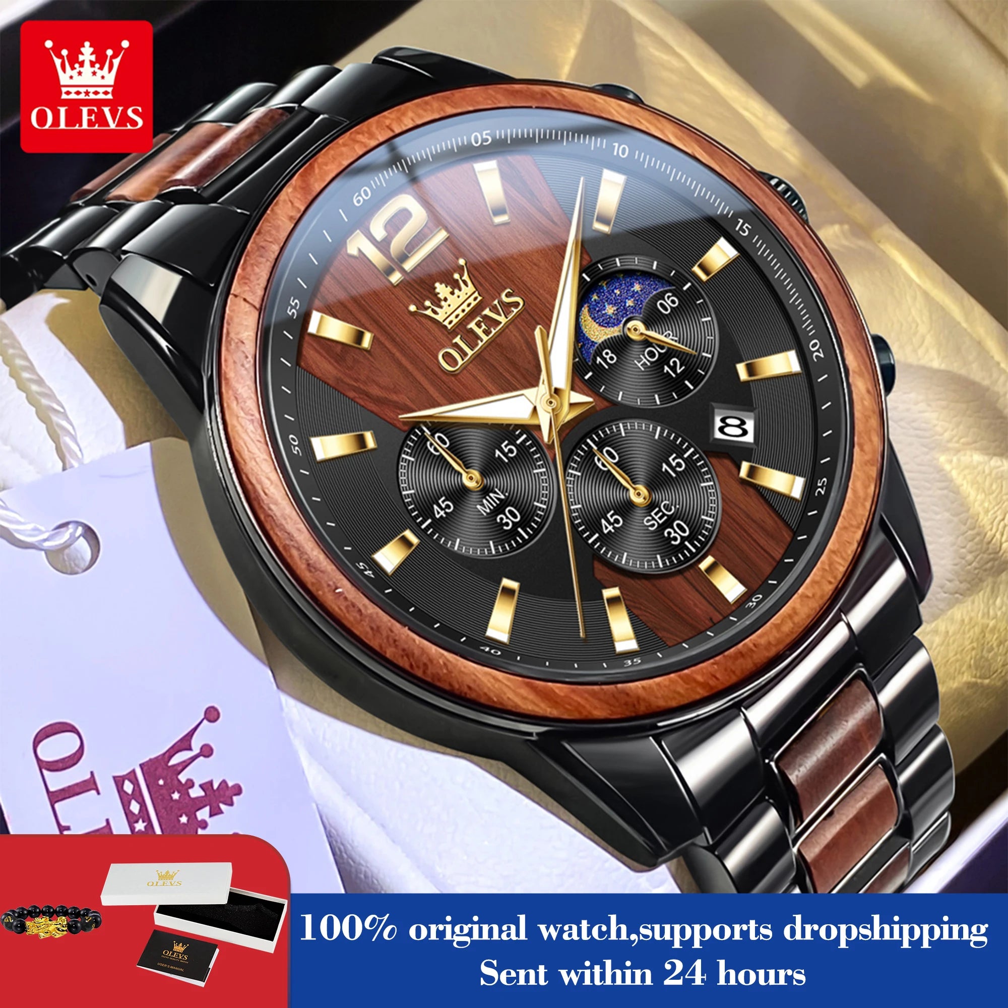 OLEVS 3645 Quarzuhr für Herren, modischer Chronograph, Stahl-Holz, 44 mm, großes Zifferblatt, Zeigeruhr, Mondphase, wasserdicht, leuchtende Herrenuhr