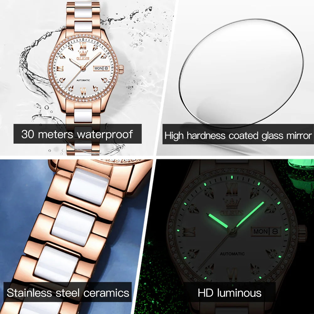 OLEVS 6637 Woman Watches Waterproof Dual Calendar Mechanical Watch For Women Original Diamond Scale Luminous Luxury Hand Clock