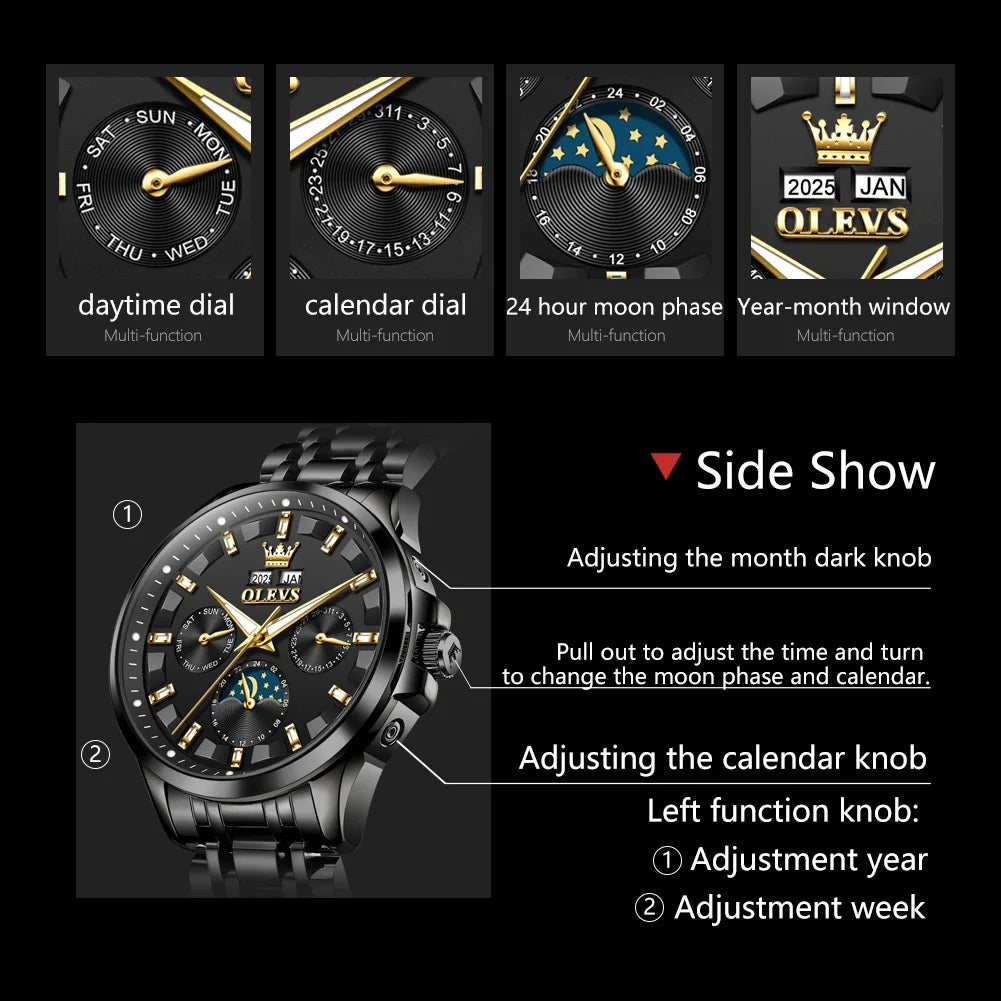 OLEVS 7070 Watch Man Original Mechanical Watch For Men Moon Phase Calendar Waterproof Fashion Automatic Hand Clock Steel Strap