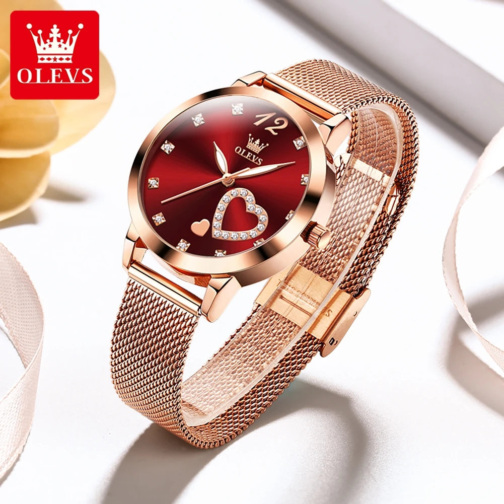OLEVS 5189 Damenuhr Luxus Ultr dünne Quarzuhr Damen Mesh-Stahlarmband Herzförmiges Zifferblatt Wasserdichte Damenuhr